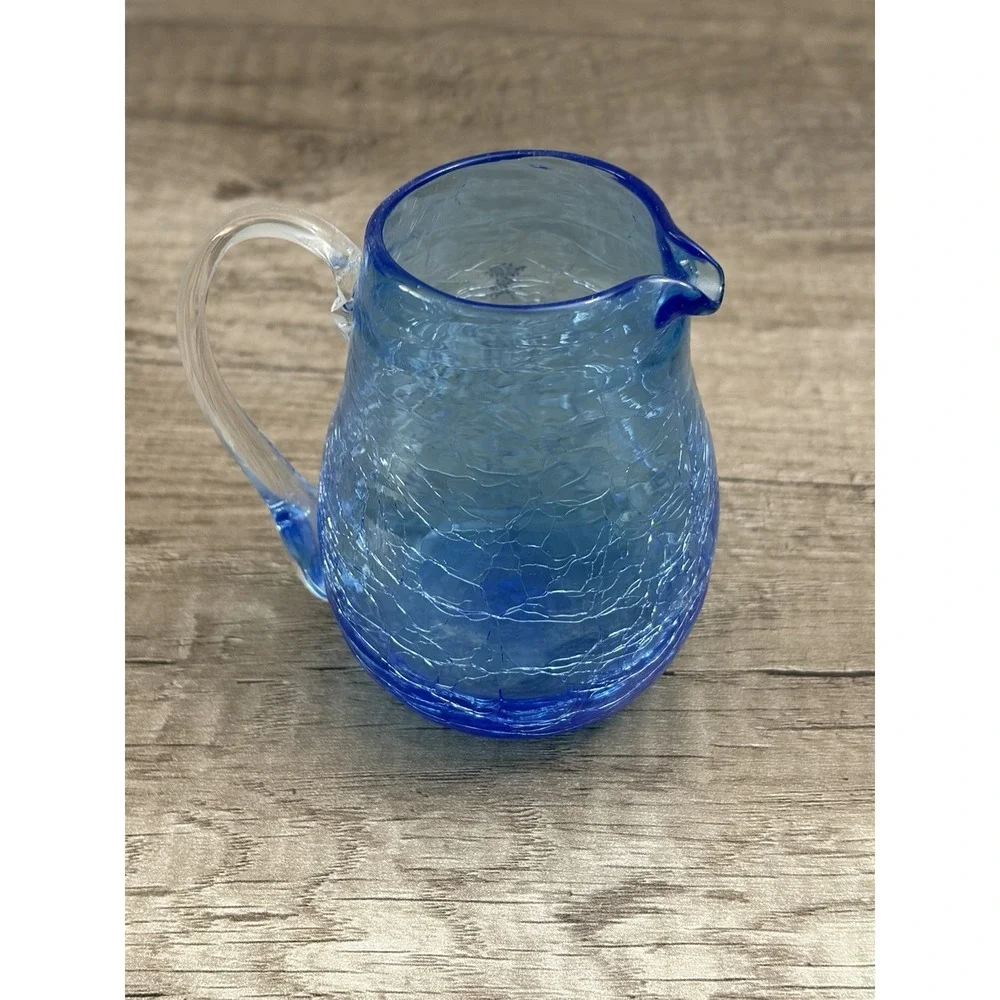 Vintage Handblown‎ Mini Crackle Glass Cornflower Cobalt Blue Pitcher Cruet 3.5